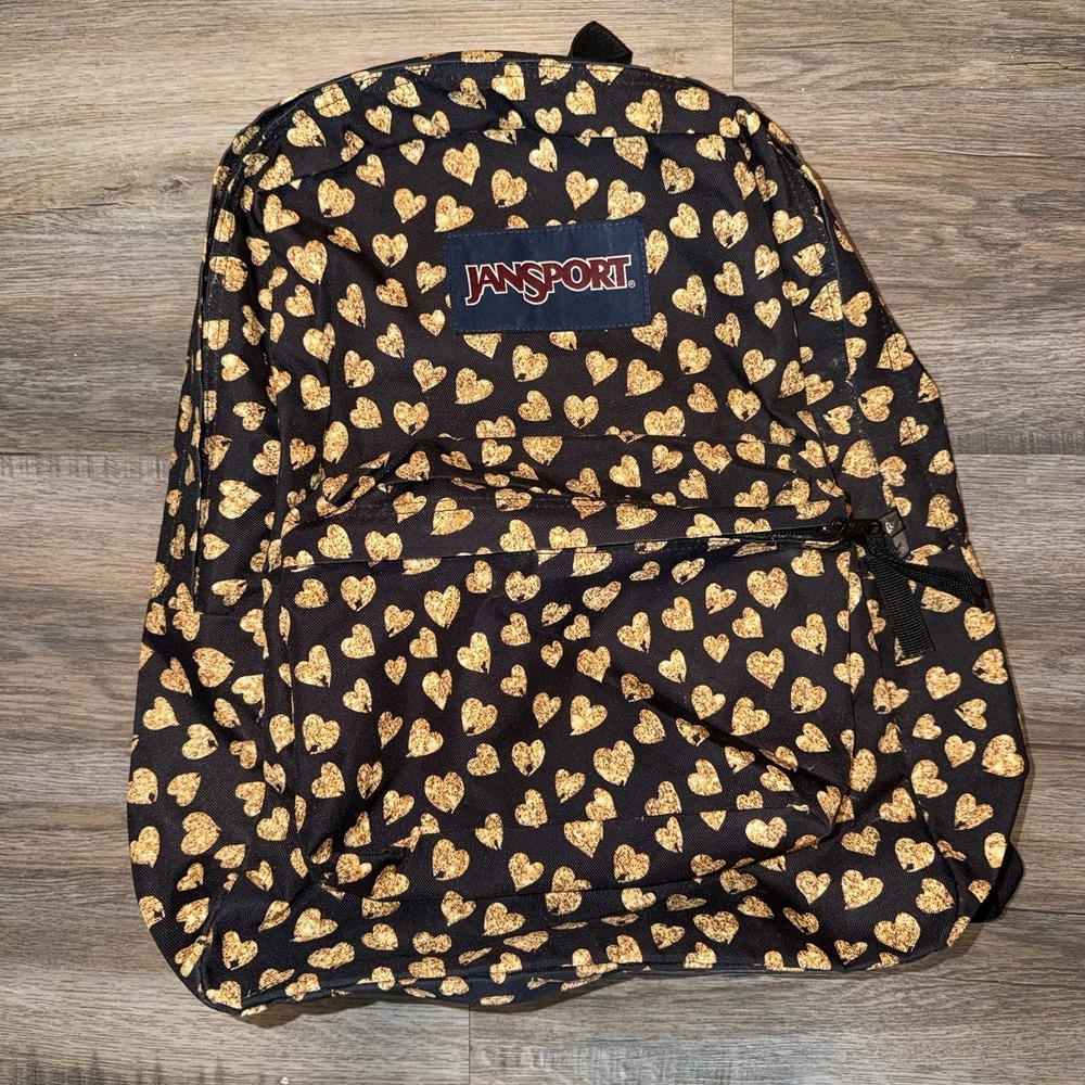 Jansport Backpack Black Gold Glitter Hearts Bookbag Back To School 2 Zippers